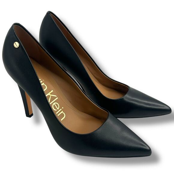 NEW Calvin Klein Pointed Toe Pumps Size 9 High Stiletto Heels Black Leather FLAW - Picture 10 of 13